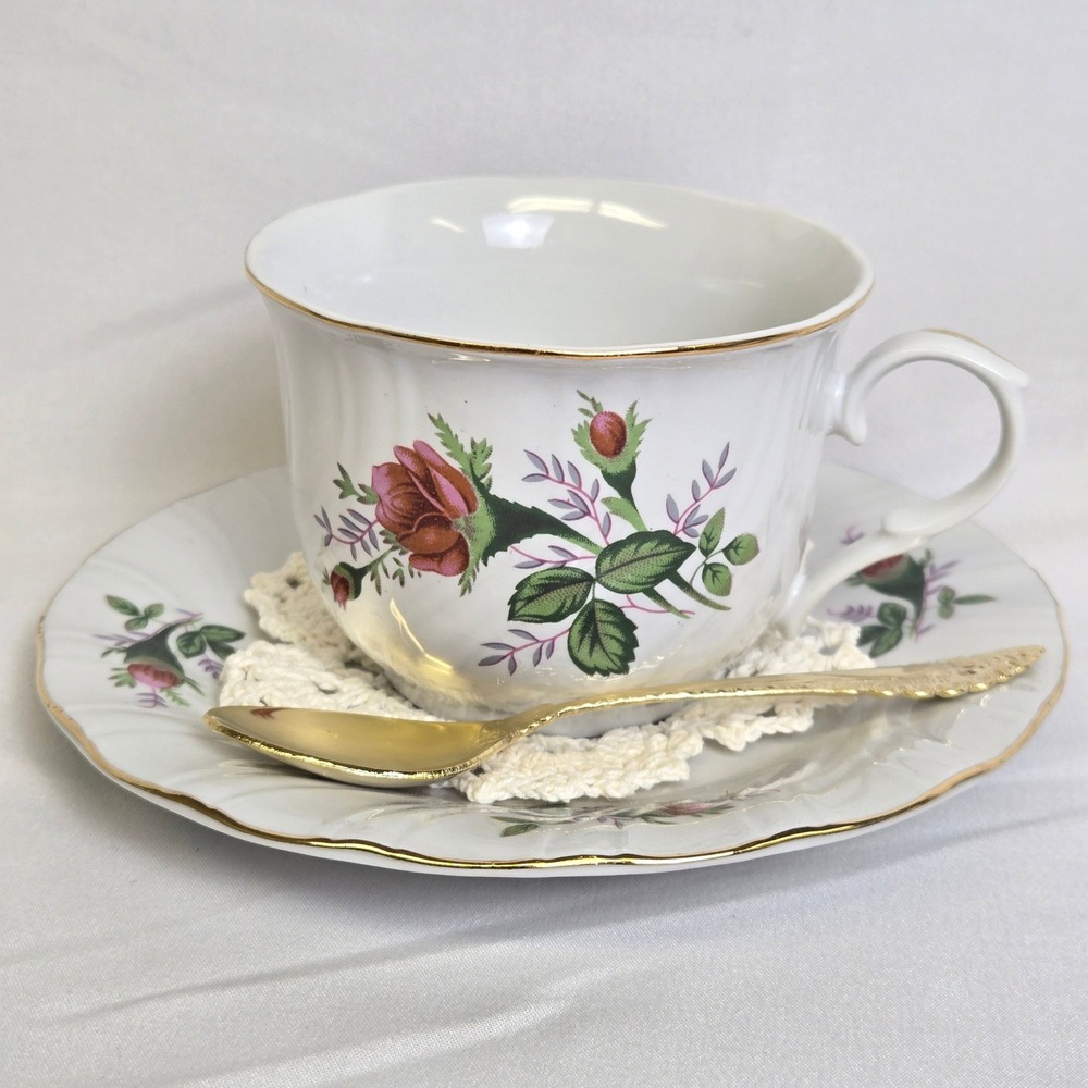 Lynn's Fine China Teacup & Saucer Set Victorian Rose Prestige Concord Spoon